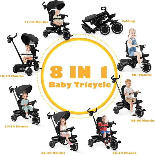 Folding Kids Tricycle, 8 in 1 Baby Trike W/Removable & Adjustable Canopy, Parent Handle, 5-Piont Safety Harness, Toddler Bike Stroller for Kids 1-6 Years, EVA Wheels, Storage Basket, Black