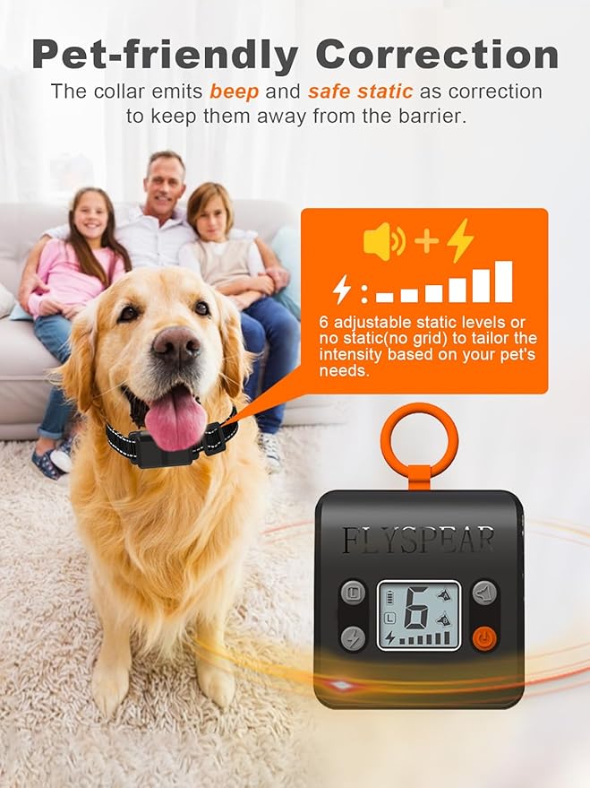 FLYSPEAR Wireless Pet Barrier - Rechargeable Indoor Barrier with 6 Adjustable Range Radius up to 7 ft, 6 Adjustable Safe Static Intensity, Electric Fence System with Hook (Receiver Collar Only)