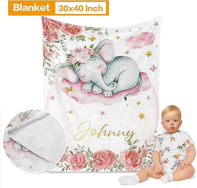 Custom Baby Bedding Set: Personalized Pink Sleeping Elephant Bedding, Baby Blanket Fitted Sheet Changing Cover Nursery Rug Gift Idea Room Decor