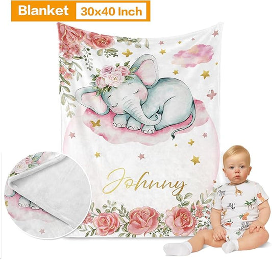 Custom Baby Bedding Set: Personalized Pink Sleeping Elephant Bedding, Baby Blanket Fitted Sheet Changing Cover Nursery Rug Gift Idea Room Decor