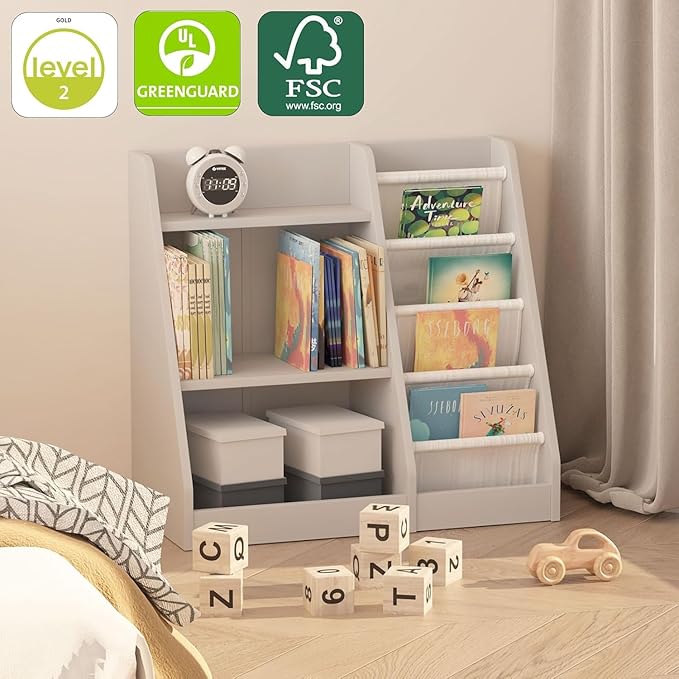 HedoAjim Gray Nursery Bookshelf for Kids 3 Tier Wood Shelf 4 Sling Baby Toddler Bookcase Book Rack with Adjustable Shelf for Boy Girl’s Gift Bedroom Playroom Nursery Classroom Church Kindergarten