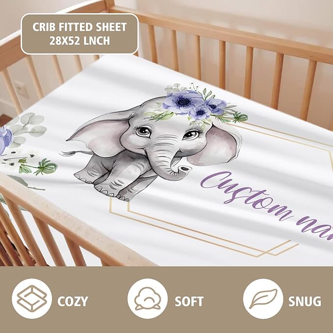 Custom Name Crib Bedding Set 3-Piece – Purple Flower Elephant Design Baby Bedding Set with Personalized Soft Blanket, Fitted Sheet, Changing Pad Cover – Ideal Newborn Gift for Boys and Girls