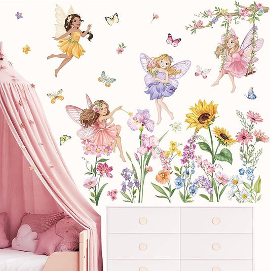 wondever Fairy Flower Wall Stickers Elves Wildflower Sunflower Peel and Stick Wall Art Decals for Girls Bedroom Kids Room Baby Nursery