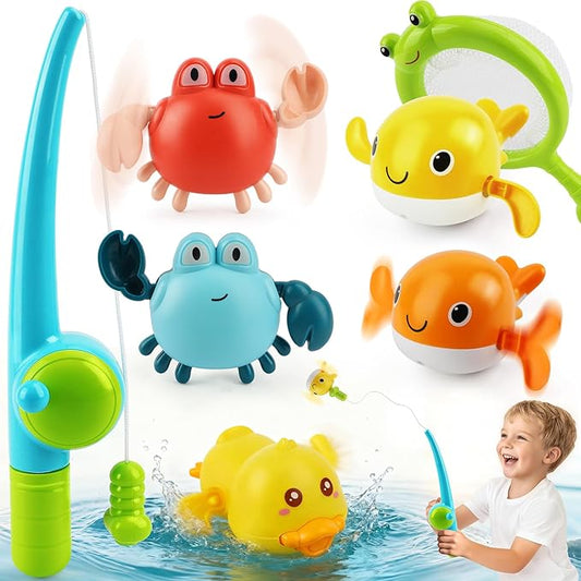TOY Life Bath Toys for Kids Ages 1-3, Magnetic Fishing Game with Mold Free Wind Up Bath Toys for Toddlers 1-3 & Toy Fishing Pole & Fishing Net, Water Table Pool Fun Bathtub Toys for Baby Infant