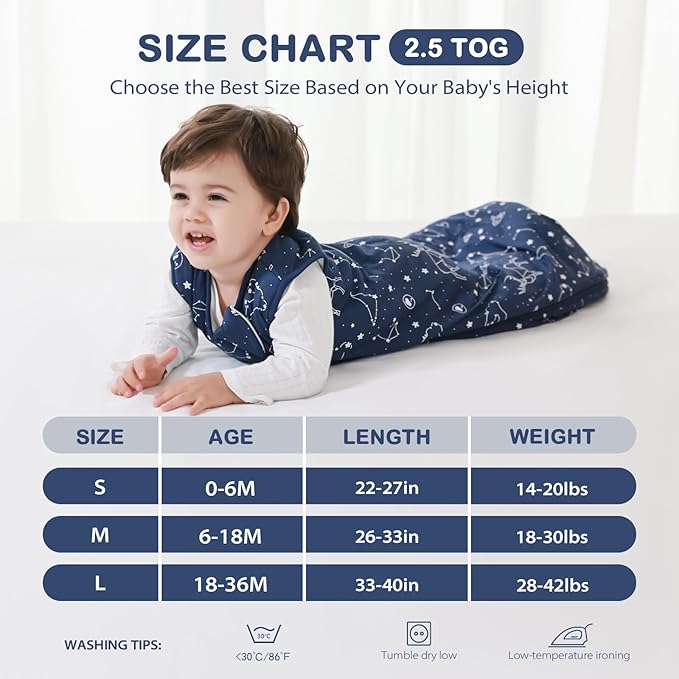Mosebears Unisex Rayon Made from Bamboo Sleep Sack with 2-Way Zipper,2.5 Tog Baby Winter Sleep Sack(Navy Blue,18-36 Months)