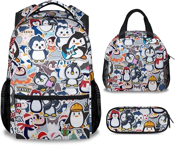 COOPASIA Penguin Backpack with Lunch Box and Pencil Case, 16 Inch Penguin Theme Bookbag with Adjustable Straps, Durable, Lightweight, Large Capacity, School Backpack for Girls Women
