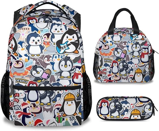 COOPASIA Penguin Backpack with Lunch Box and Pencil Case, 16 Inch Penguin Theme Bookbag with Adjustable Straps, Durable, Lightweight, Large Capacity, School Backpack for Girls Women