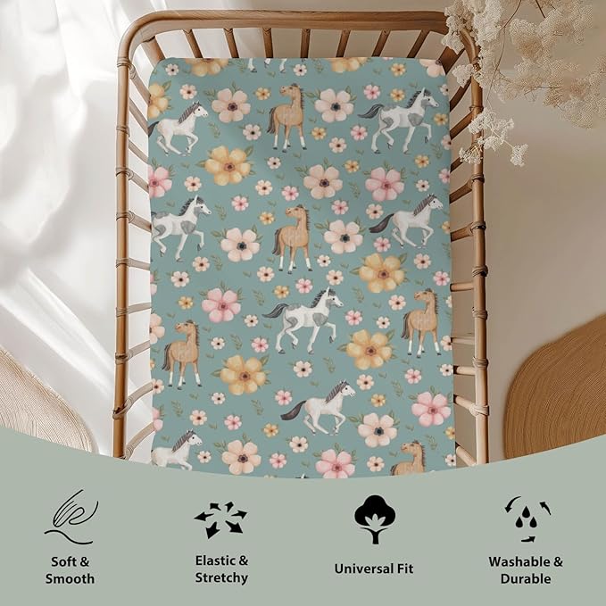 Watercolor Horse Floral Baby Crib Sheets for Boy Girl 52"x28" Running Horses Boho Flowers Soft Snug Fitted Crib Mattress Cover Wild Animals Baby Sheet for Standard Crib & Toddler Bed Mattress Green