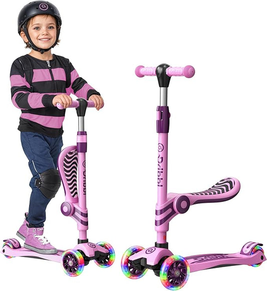 Pink and Purple 3 Wheel Scooter with Seat for Kids, Light-Up Wheels, Adjustable Lean to Steer Handlebar and Seat, Smooth Wheels, Wide No-Slip Deck, Rear Foot Brake, Toddler Outdoor Toys for Ages 2+