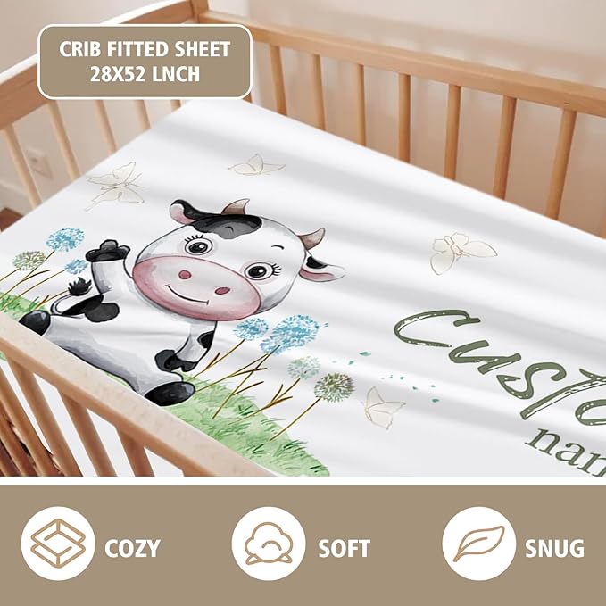 Personalized Crib Bedding Set for Boys Girls, Custom Baby Crib Sets with Name, Cows Theme Nursery Bedding, 2 Piece Baby Crib Sets - Soft Blanket with Double Layer Dotted Backing, Crib Fitted Sheet