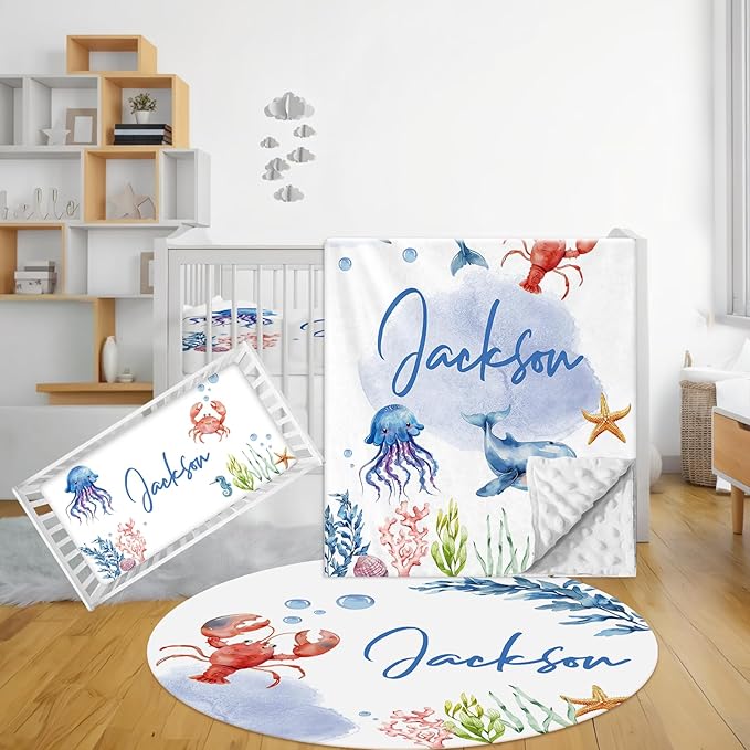 Personalized Baby Bedding Set, 3 Pcs Custom Name Crib Bedding Set for Nursery, Cute Baby Crib Set with Double Layer Blanket for Boys Girls, Customized Gifts for Toddlers Infants, Sea Animals