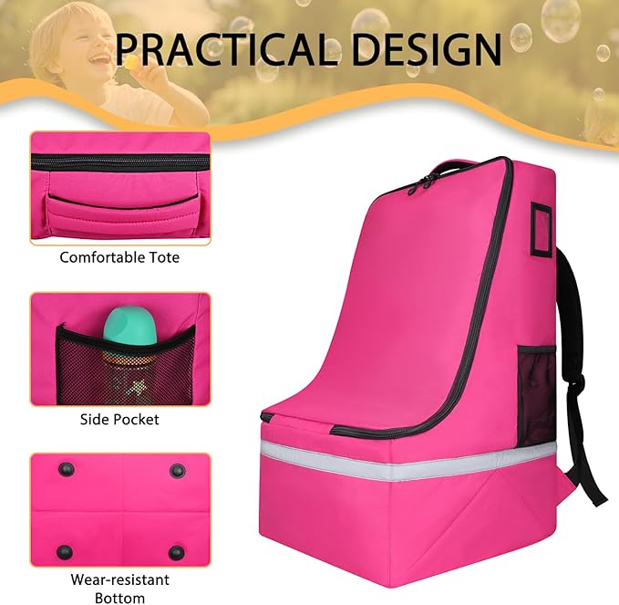 LARIPOP Car Seat Travel Bag for Airplane,Infant Seat Travel Bag with Shoulder Strap,Padded Car Seats Backpack with Reflective Stripes,Large Carseat Carrier Bag Travel Car Seat Cover,Pink