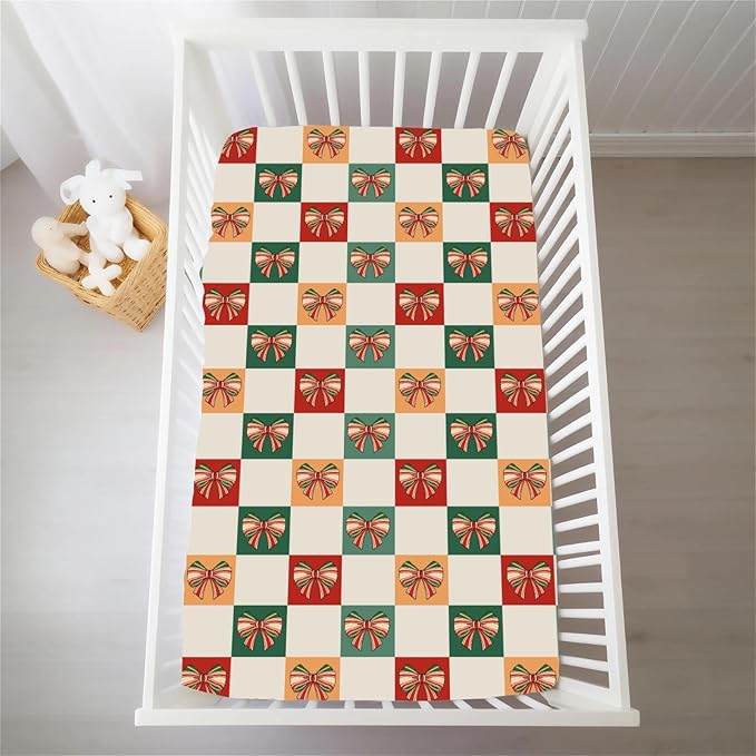 Checkerboard Christmas Bows Red Green Baby Crib Sheets for Boy Girl Vintage Bows Checkered Soft Snug Fitted Crib Mattress Covers for 52''x28'' Standard Crib & Toddler Mattress Ribbon Baby Bed Sheets