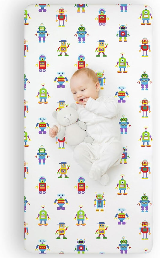 Wildkin Kids 100% Microfiber Crib Sheet – Soft, Breathable Fitted Sheet - Robots