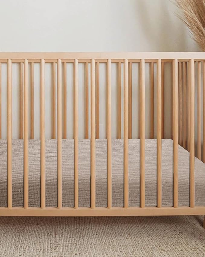 Mini Crib Sheets for Baby, Fitted Pack N Play Mattress and Mini Cribs 24" x 38", Neutral Muslin Cotton Mini Crib Mattress Sheet with Boho Style, Soft and Breathable Comfort (Beige)