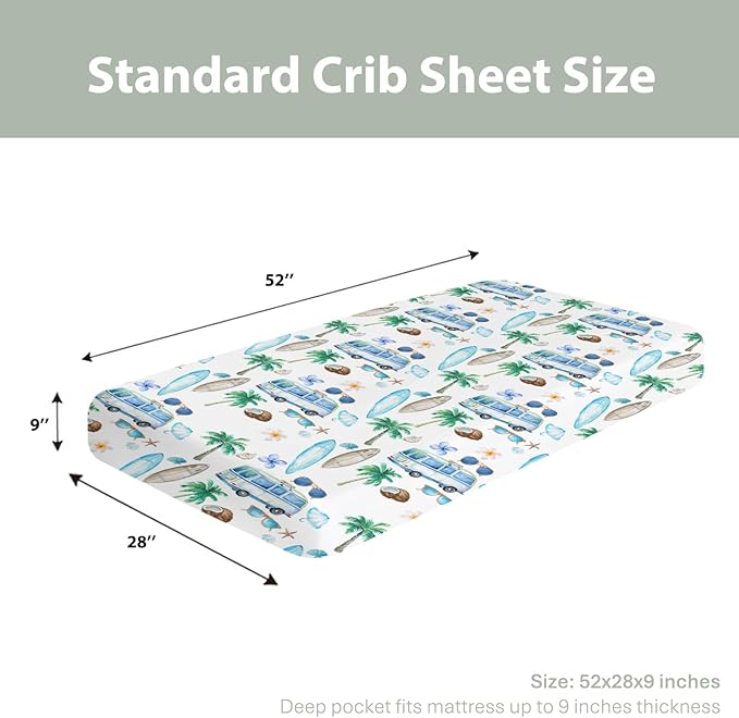 Watercolor Boho Surfing Baby Crib Sheets for Boy Girl 52x28Inch Surfboard Tropical Palm Trees Flowers Soft Snug Fitted Crib Mattress Cover Summer Beach Baby Sheet for Standard Crib & Toddler Mattress