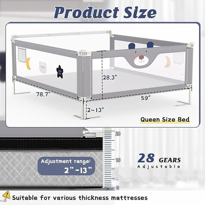 3-Piece Bed Rail for Toddlers with Headboard Rod, Adjustable Baby Bed Rail Guard, Twin/Full/Queen/King Size Bed (1, 78.7 Inch)