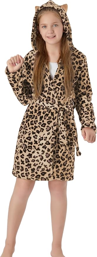 Topgal Leopard Cat Robe for Girls Fleece Toddler Kids Teen Hooded Bathrobe Size 4T-18