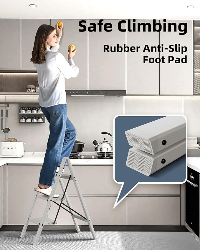 HillhutApex 3 Step Stool, Aluminum Foldable Step Ladder, Lightweight Stable Stool with Wide Non-Slip Pedals, 330lbs Bearing Capacity Ladder for Office,Home,Kitchen - Grey