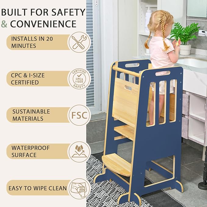 WINGYZ Toddler Tower – Adjustable Step Stool Helper for Kids 18M–6Y, Kitchen Learning Stool with Safety Rail, 3-Height Adjustable, Sliding Door, Full Support Foot, Wooden Updated Design, Dark Blue