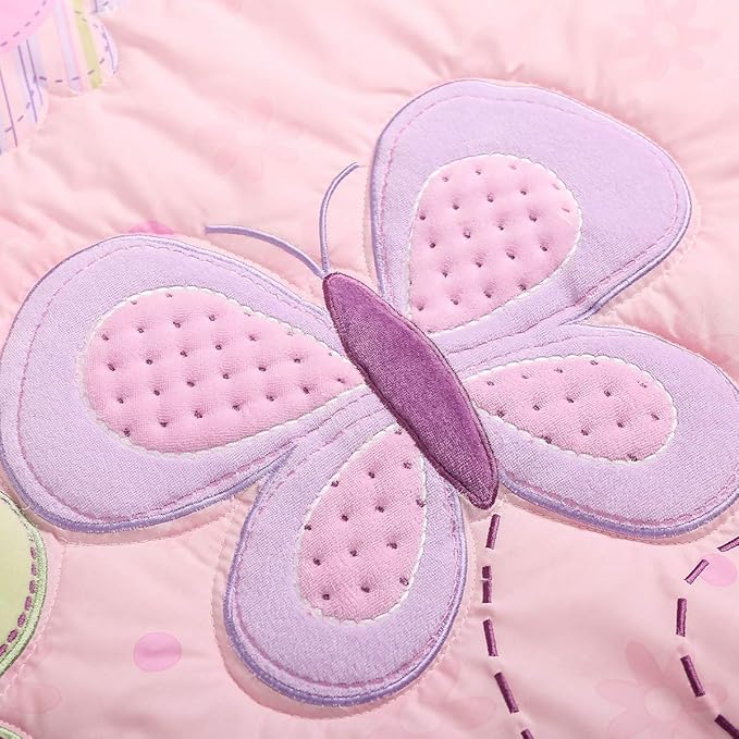 Butterfly Nursery Crib Beding Set for Girls Pink Purple -6 PCs Embroidery Flower Butterfly Baby Girl Bedding Set - Quilt/Fitted Sheet x 2/ Skirt/Diaper Stacker/Blanket 28'' x 52 ''