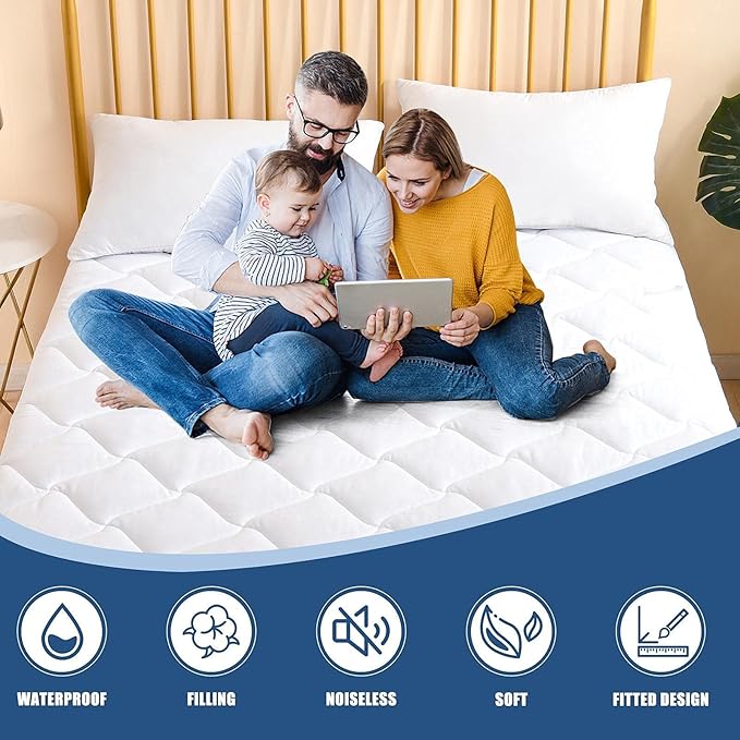 Twin XL Size Quilted Fitted Mattress Pad, Waterproof Breathable Cooling Mattress Protector, Stretches up to 21 Inches Deep Pocket Hollow Cotton Alternative Filling Noiseless Mattress Cover