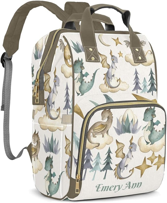 Personalized Cute Dragon Watercolor Custom with Name Diaper Bag Backpack For Baby Boy Girl Dad Mom Unisex for Adult Daypack Holiday Gift