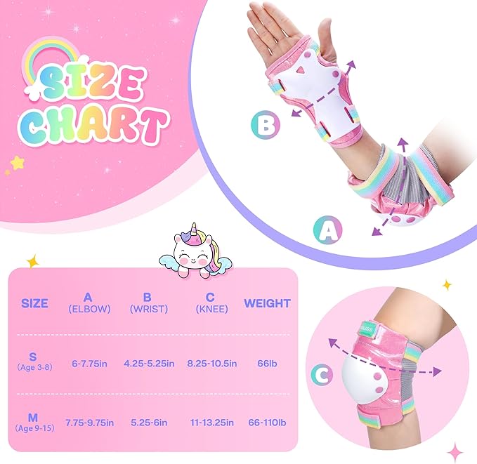 Knee Pads for Kids - ZOOBLISS Toddler Knee and Elbow Pads Set Wrist Guards for Skating Girls Aged 3-12, Kids Protective Gear for Roller Skates Skateboard Bike Scooter, Included Drawstring Bag(Rainbow)