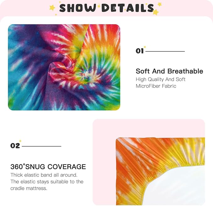Tie Dye Rainbow Crib Sheets Soft Breathable Fitted Baby Playard Sheets Mattress Cover for Girl Boys, 39" x 27" x 5"