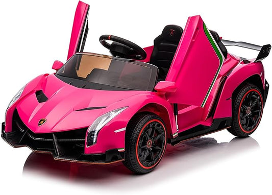 Winado 12V Ride on Car, Electric Vehicle Licensed Lamborghini Veneno for Kids, Battery Powered Car Toy w/Parent Control, Hydraulic Doors, 3 Speeds, LED Headlights, Horn, Engine Sounds - Pink