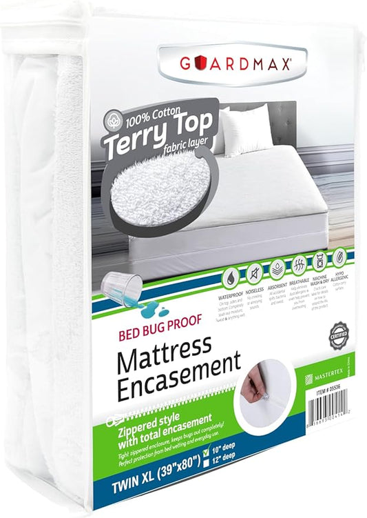 Guardmax Terry Cotton Zippered Mattress Encasement - Twin XL Size - 100% Waterproof and Bed Bug Proof Mattress Protector - Absorbent Six-Sided Mattress Cover (Terry Cotton, Twin XL)
