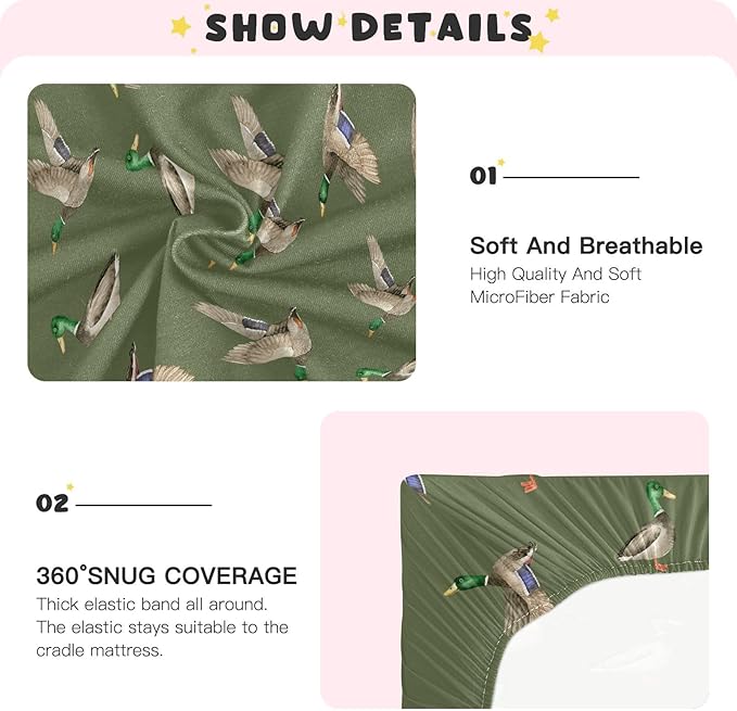 Fitted Crib Sheets for Baby Boys or Girls Soft Breathable Baby Play Yard Sheet for Standard Size Crib Mattress 52x28in Birds Wild Ducks Drake on Green Background