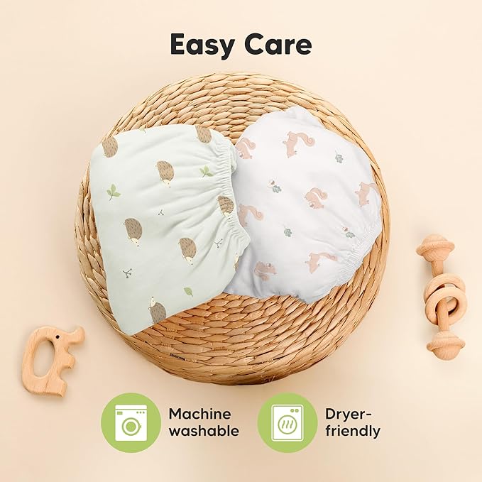 Pack and Play Sheets Fitted - 2-Pack Mini Crib Sheets for Pack N Play Mattress 38x26, Soft & Cozy, Neutral Toddler Playard Bedding, Snug Fitted Mini Baby Crib Mattress Cover Boy, Girl (Nibbles/Bruce)
