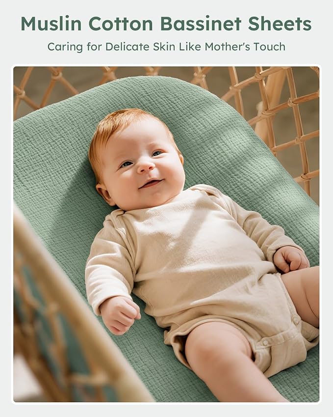 Muslin Bassinet Sheets Boy Girl, 100% Cotton Fitted Bassinet Sheet Set 2 Pack Bassinet Mattress Sheets Universal Fit for Rectangle, Round, Oval, Hourglass Mattress, Soft Breathable