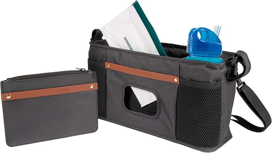 WONDERFOLD Universal Parent Console Stroller Organizer with Insulated Cup Holders, Hook & Loop Closure Handle Attachment, 2 Storage Pockets, Removable Shoulder Strap for Easy Transport
