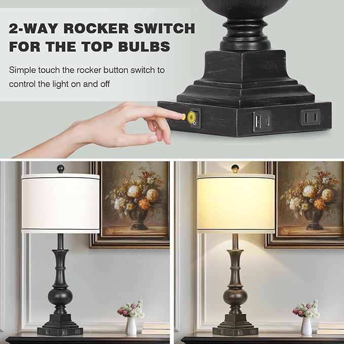 luxeflow Farmhouse Table Lamps Set of 2, Vintage Bedside Lamps with USB A+C Charging Ports & AC Outlet, 26" Rustic Nightstand Lamp for Living Room Bedroom End Table Wash Black(2 LED Bulbs Included)