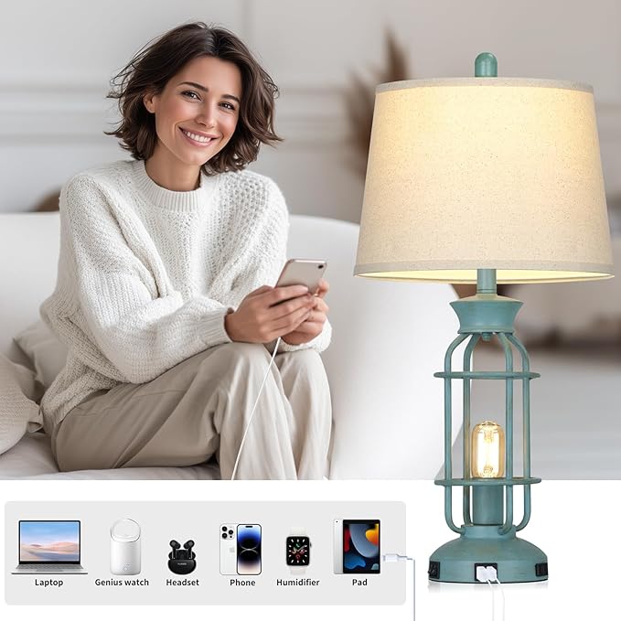 Farmhouse Table lamps for Living Room, 28" Tall Vintage Industrial Table Lamp with USB C+A Ports & Outlet, Rustic Bedside Lamps with 2 Nightlight & Linen Fabric Shade for Nightstand Bedrooms Desk Blue