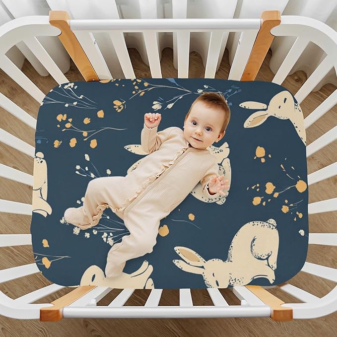 Easter Bunny Floral Dark Blue Crib Sheets Standard Crib Toddler Mattresses Cover Fitted Baby Bed Sheet Breathable Crib Mattress Sheet for Girls Boys 52" x 28"x5''