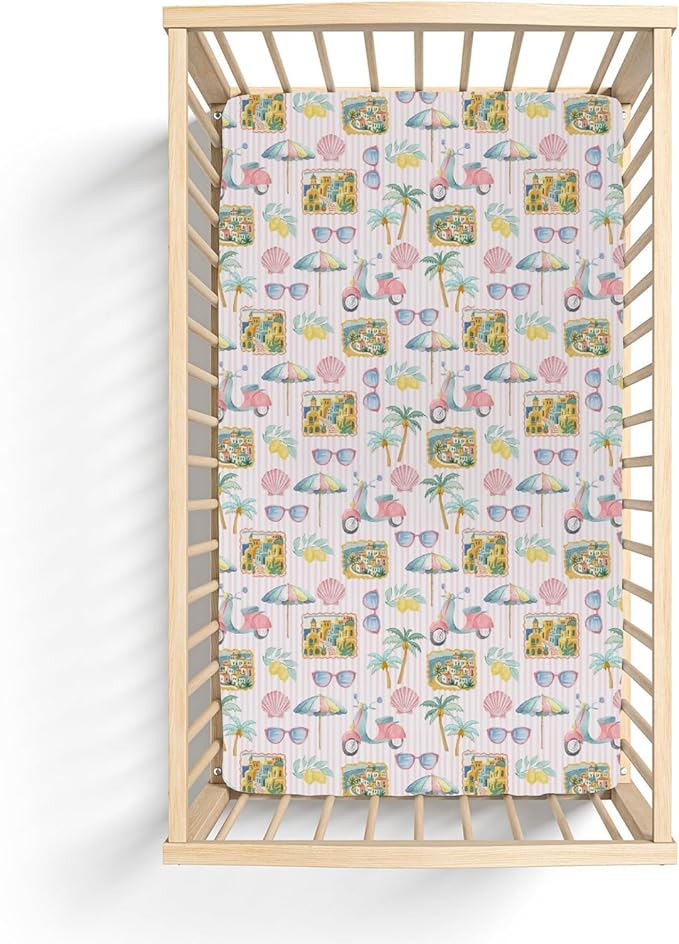 Pastel Summer Beach Baby Crib Sheets for Boy Girl 52"x28" Lemon Palm Tree Seaside Village Stripes Soft Snug Fitted Crib Mattress Cover Vibrant Coastal Baby Sheet for Crib & Toddler Bed Mattress