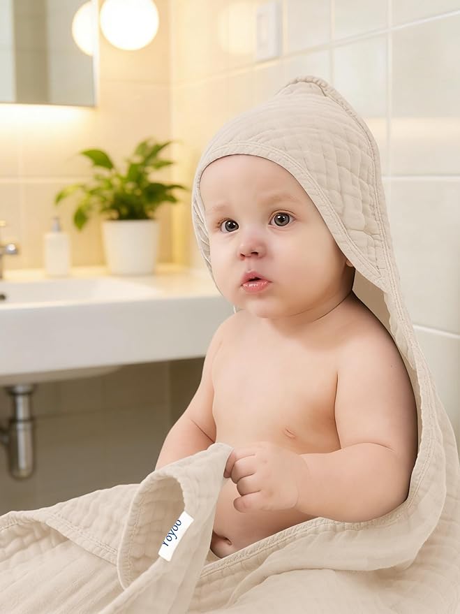 Muslin Hooded Baby Bath Towels - 3 Pack 100% Cotton Ultra-Soft Towels for Newborns, Infants, Toddlers - 32x32 Inch - Highly Absorbent, Quick-Dry Essentials for Bath Time, Beach, Pool, Neutral Series