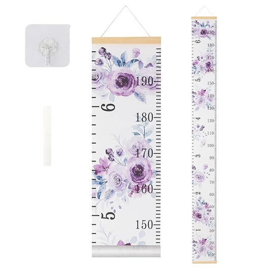 BESSLEE Canvas Kids Growth Chart for Wall, Purple Flowers Height Measurement Tracker for Baby Girl, Hanging Ruler with Removable Hook, Nursery Room Playroom Toddler Bedroom Decor, 79”x7.9”