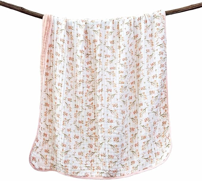 Pack of 2 Ultra Soft Muslin Baby Blankets for Girls Boys Breathable Lightwight Cotton Muslin Swaddle Blankets for Infant Toddler Newborn Nursery Swaddling Wrap 43"X43" (Floral and Pink)