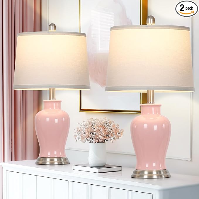 LUXEFLOW 23" Pink Ceramic Table Lamps for Living Room, Modern Ceramic Lamps with Ginger Jar Design, Cute Bedside Lamp Set of 2, Elegant Bedroom Lamp for Nightstand Dining Room Side End Table Homedecor