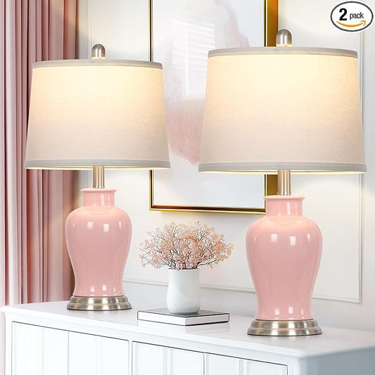 LUXEFLOW 23" Pink Ceramic Table Lamps for Living Room, Modern Ceramic Lamps with Ginger Jar Design, Cute Bedside Lamp Set of 2, Elegant Bedroom Lamp for Nightstand Dining Room Side End Table Homedecor