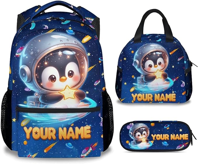 Custom Backpack - Penguin Backpacks with Lunch Bag for Girls Boys - Planet Bookbag for Kids Toddler - Personalized School Bag Set for Kindergarten/Preschool/Elementary(17 Inch)