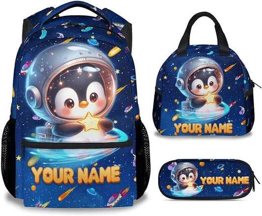 Custom Backpack - Penguin Backpacks with Lunch Bag for Girls Boys - Planet Bookbag for Kids Toddler - Personalized School Bag Set for Kindergarten/Preschool/Elementary(17 Inch)