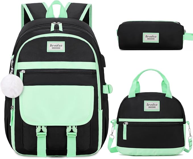 Bevalsa Backpack for Girls, School Backpacks for Girls, Kids Backpack with Lunch Box & Pencil Pouch for Teens Girl Kids Elementary Middle High School College Student Bookbag Daypack (Green Black)