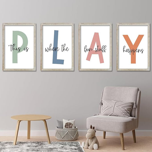 This Is Where The Fun Stuff Happens Kids Playroom Wall Art Decor 16x24 Inch Set Of 4 Rustic Kids Wood Framed Sign Toddler Modren Nursery Interesting Let's Play Prints Wall Hanging (White)
