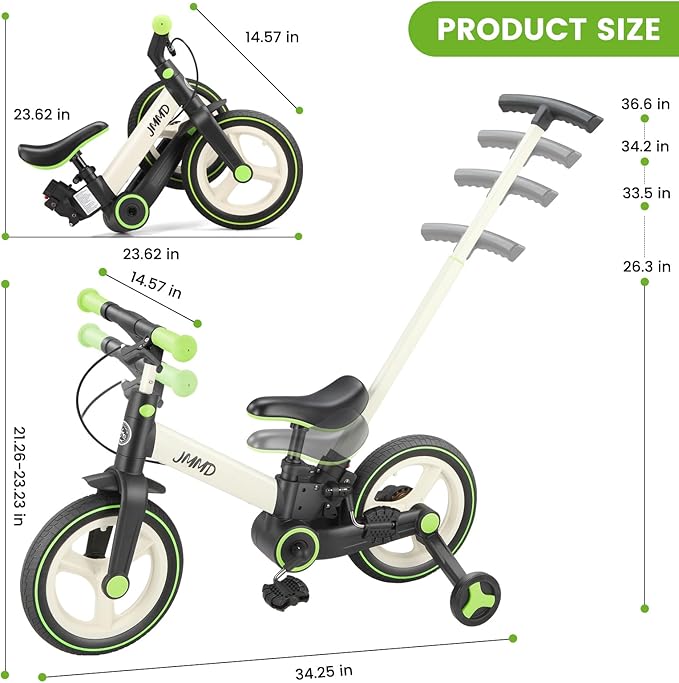 JMMD 6 in 1 Toddler Bike with Push Handle for Kids 18-60 Months, 12" Foldable Balance Bike with Training Wheels, Pedals, Brakes, Kickstand, Push Tricycle Toddler Gift & Toys for Boy & Girl