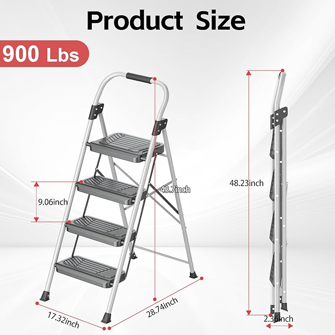 DIAMONDFORGE 4 Step Ladder, Folding Step Stool with Anti-Slip Wide Pedal, Soft Handle, Anti-Slip Feet, Sturdiest Steel Construction, 900lbs Capacity Steel Ladder for Home and Office, GrayBlack
